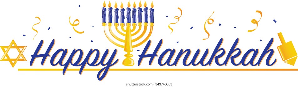 Colorful text with images that says Happy Hanukkah
