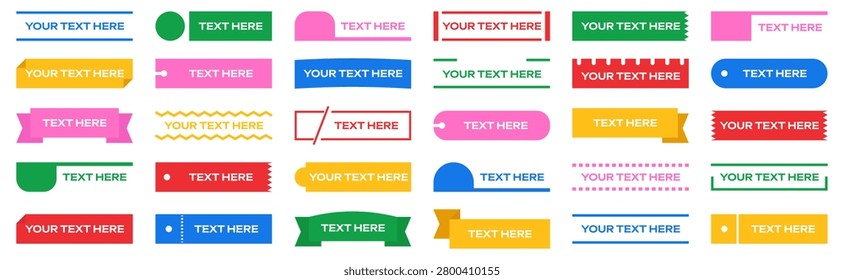 Colorful text label collection in flat style. Includes title banners, headline tags, ribbon elements and decorative typography templates