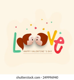 Colorful text Love with cute couple in love for Happy Valentines Day celebration on hearts decorated background.