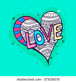 Colorful text Love with floral design decorated heart for Happy Valentine's Day celebration.