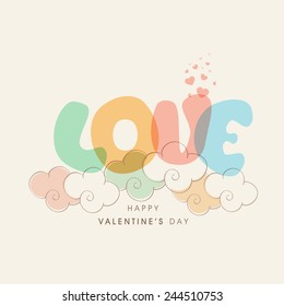 Colorful text Love on clouds with hearts for Happy Valentines Day celebration.