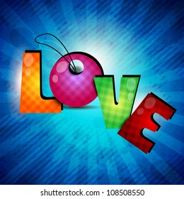 Colorful text Love on rays background. EPS 10.