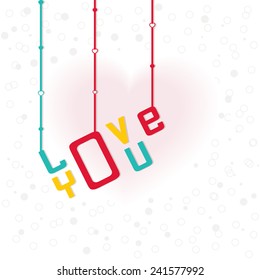 Colorful text Love You hanging on pink heart shape decorated background for Happy Valentine's Day celebrations.
