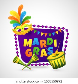 Colorful text of Mardi Gras on purple frame decorated with bunting flags, mask and musical instrument illustration on white background.