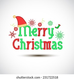 Colorful text of Merry Christmas decorated with Santa hat, snowflakes, decorated balls and socks on grey background. 