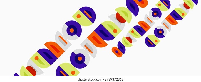 Colorful text pattern repeats diagonally. Circles, dots, lines create playful design. Bright hues dominate composition.