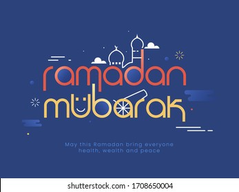 Colorful text Ramadan Mubarak, line-art mosque on blue background. Islamic holy month concept.