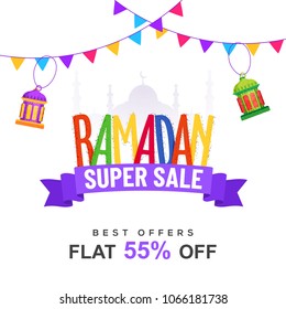 Colorful text Ramadan Super Sale Offer with hanging lanterns on bunting flags decorated background with 55% off offer. Colorful text Ramadan Super Sale Offer with hanging lanterns on bunting flags decorated background with 55% off offer.