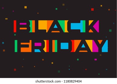 Colorful text vector icon. Big shopping logo template. Black Friday banner. Negative space style letters. Colored bright cartoon market tag. Isolated vector illustration on black background.