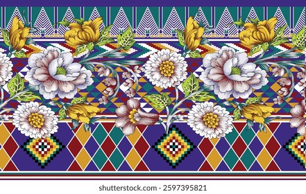 colorful textile border design featuring floral and geometric patterns, for textile, wallpaper, gift wrapping.