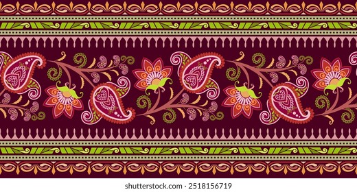 El colorido patrón textil presenta motivos florales de paisley y delicadas ramas rizadas en color rojo y verde sobre un fondo rojo oscuro. Adecuado para tela, pareo, alfombra, manga y ropa.