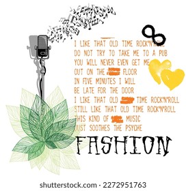 colorful texts suitable for textile microphone leaf and heart print pattern white background