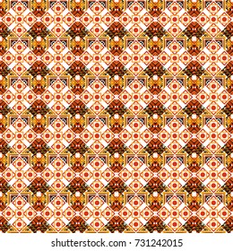 Colorful texture. Abstract geometric pattern. Orange, white and black background. Seamless geometric pattern. Geometric background with rhombus, dots and nodes. Vector seamless pattern.