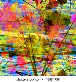 Colorful texture. Abstract seamless vector pattern. Spots, curved lines, stripes, triangles, shapeless blots. Overlap, overlay, translucency. For fabrics, wrapping paper, printing. Watercolor effect.