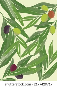 Colorful texture background with olive branches. Ripe olives on green branches. Illustration of local farming. Botanical drawing in modern style. Fresh greens for design.