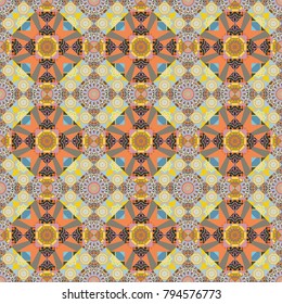 Colorful texture. Geometric background with rhombus, dots and nodes. Abstract geometric pattern. Blue, yellow and beige background. Vector seamless pattern. Seamless geometric pattern.