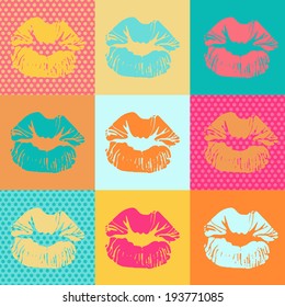 Colorful texture with kisses. Pop art lips