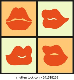 Colorful texture with kisses. Pop art purple lips, icons set, vector illustration