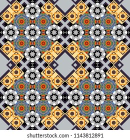 Colorful texture. Seamless geometric pattern. Abstract geometric pattern. Vector seamless pattern. Brown, yellow and gray background. Geometric background with rhombus, dots and nodes.