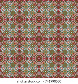 Colorful texture. Seamless geometric pattern. Beige, pink and green background. Geometric background with rhombus, dots and nodes. Abstract geometric pattern. Vector seamless pattern.
