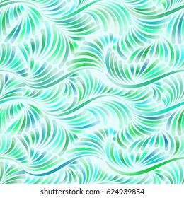 Colorful texture, seamless pattern in green colors. Swirls and curls pattern, simple background with wavy strokes