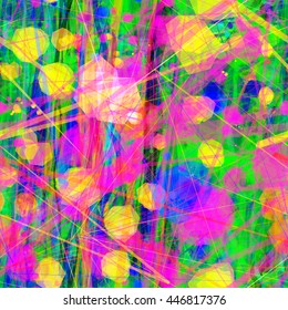 Colorful texture. Spots of polygons, strips, triangular elements. Randomly mixed. Overlapping, transparent, overlay, Abstract seamless vector background.