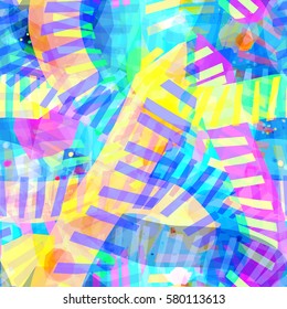 Colorful texture. Stripes and spots. Offset, overlap, overlay, transparency. Abstract seamless vector pattern. Easy editing.