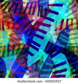 Colorful texture strips and spots. Offset, overlap, overlay, transparency. Abstract seamless vector pattern. Easy editing. Like the piano keys. Musical associations.