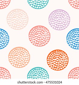 Colorful textured circle seamless pattern, blue, pink, orange, violet round grunge polka dot, wrapping paper. Vector illustration.
