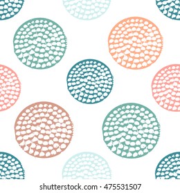 Colorful textured circle seamless pattern, blue, pink, orange, green round grunge polka dot, wrapping paper. Vector illustration.