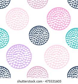 Colorful textured circle seamless pattern, blue, pink, round grunge polka dot, wrapping paper. Vector illustration.