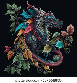 Colorful textured embroidery  dragon pattern background illustration with vintage leaves, flowers. Bright ornamental tapestry stitching lines abstract dragon. Fantasy decorative beautiful design.