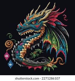 Colorful textured embroidery flying dragon pattern background illustration. Bright ornamental tapestry stitching lines abstract dragon. Cross stitching digital design. For applique, prints, craft