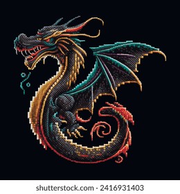Colorful textured embroidery pixel art mosaic chinese 3d flying dragon fantasy pattern background illustration. Bright ornamental tapestry dragon with wings. Modern digital grungy surface texture.