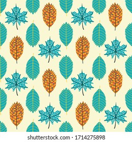 Colorful textured leaves seamless pattern for textile, wrapping and wallpaper. Blue and orange color leaf repeat fabric on light background for notebook cover.