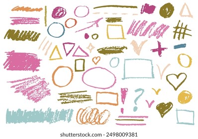 Colorful textured oil pastel brush strokes, circles, geometric shapes, check boxes, signs and hearts. Grunge textured shapes set isolated on white.