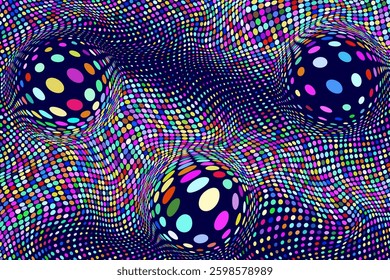 Colorful textured pattern with spheres and dots, creating an optical illusion. Abstract background.