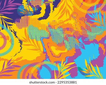 Colorful textured pop modern artsy cmyk vector background with leaves and polka dots decorations isolated on landscape horizontal template. Vector wallpaper backdrop for social media post or prints.