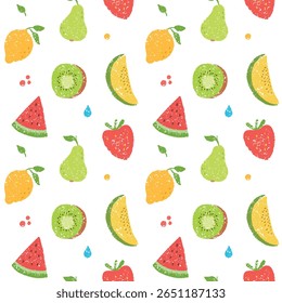 Padrão de vetor sem costura texturizado colorido com frutas de verão. Inclui melão, pera, limão, kiwi, morango e melancia