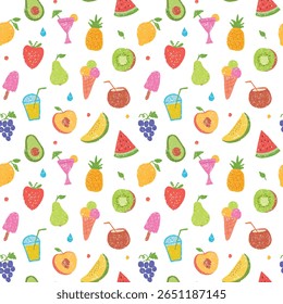 Padrão de vetor sem costura texturizado colorido com frutas de verão. Inclui melancia, limão, abacate, coquetel, coco, uvas, kiwi, abacaxi, sorvete, pêssego, melão, morango e pera