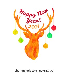 Colorful textured silhouette of deer head with christmas tree toys on horns and text Happy New Year 2017 isolated on white background. Art vector illustration.