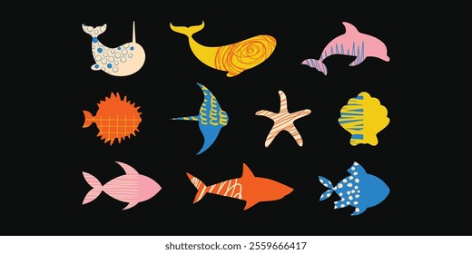 Colorful Textured Vector Silhouettes of Sea Animals