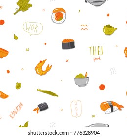 Colorful thai food icons pattern with lettering on white background. Oriental cuisine set. Seamless natural design for Vegetarian. Hipster orange restaurant menu.