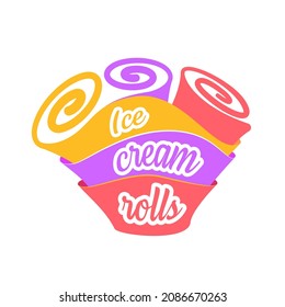 Colorful Thai ice cream roll logo design. Playful Fried ice cream rolls wrapped together in layers as logo vector with place for company name. Delicious dessert illustration for cafe and restaurant