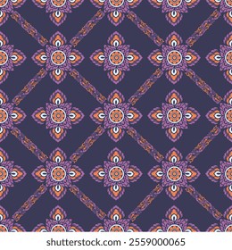 Colorful Thai-Inspired Floral Geometric Pattern with Pink, Purple, and Orange Motifs – Symmetrical Decorative Seamless Design for Textiles, Wallpapers, Stationery, and Cultural Art Projects