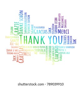 Colorful Thank You lettering. Abstract vector illustration in different languages for Thank You Day, education, grateful cards or Thanksgiving Day, business presentations.