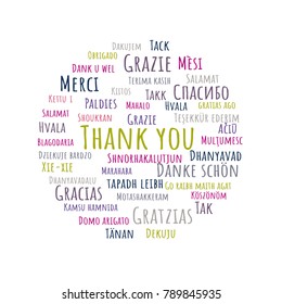 Colorful Thank You lettering. Abstract vector illustration in different languages for Thank You Day, education, grateful cards or Thanksgiving Day, business presentations.