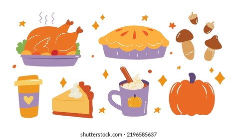 Colorful thanksgiving design elements isolated on white background with holiday traditional symbols.