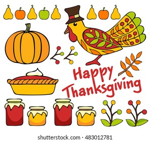 Colorful thanksgiving design elements isolated on white. Cartoon items for Thanksgiving day celebration.