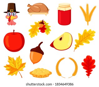 Colorful thanksgiving element set. Festive autumn party icons. Fall themed vector illustration for logo, poster, postcard or invitation card decor